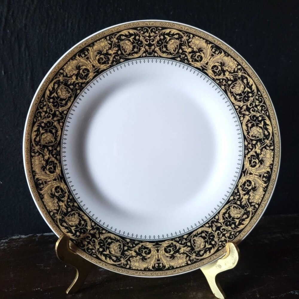 Vtg Pegasus Fine Porcelain Bread Plate With Ornate Black & Gold Baroque Design